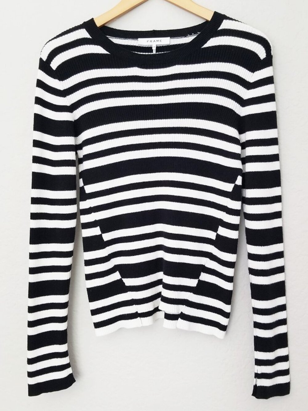 FRAME Denim Black White Striped Rib Knit Long Sleeves Sweater L Cotton Cashmere